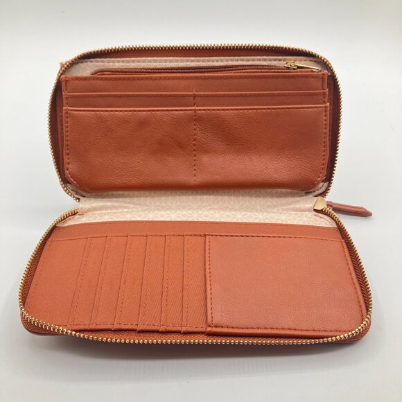 Time and Tru‎ Womens Freda Large Zip Around Wallet Leather Linen Beige Brown - Picture 3 of 5